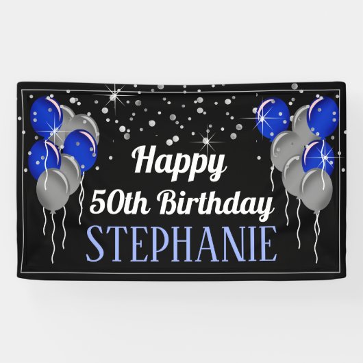 Glittery Silver en Blue Happy Birthday Banner (Horizontaal)
