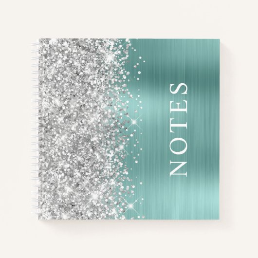 Glittery Silver en Bord Turquoise Glam Blank Notitieboek (Voorkant)