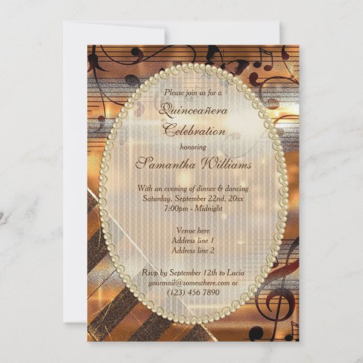 Glittery Silver en Gold Muzieknoten Quinceañera Kaart (Achterkant)