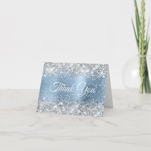 Glittery Silver en Light Blue Folie 40th Birthday Bedankkaart (Voorkant)