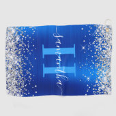 Glittery Silver en Royal Blue Folie Monogrammed Golfhanddoek (Horizontaal)