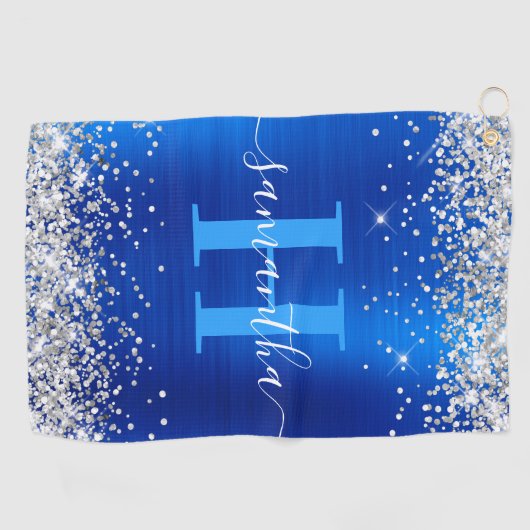 Glittery Silver en Royal Blue Folie Monogrammed Golfhanddoek (Horizontaal)