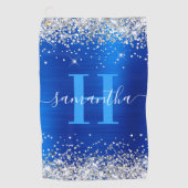 Glittery Silver en Royal Blue Folie Monogrammed Golfhanddoek (Voorkant)