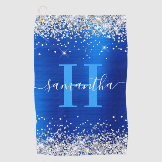 Glittery Silver en Royal Blue Folie Monogrammed Golfhanddoek (Voorkant)
