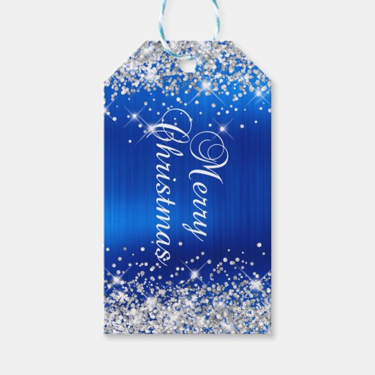 Glittery Silver en Royal Blue Merry-kerst Cadeaulabel (Voorkant)