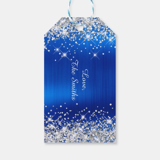 Glittery Silver en Royal Blue Merry-kerst Cadeaulabel (Achterkant)