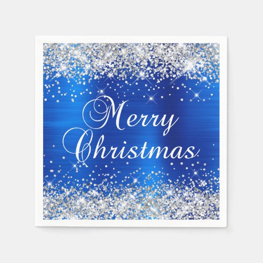 Glittery Silver en Royal Blue Merry-kerst Servet (Voorkant)