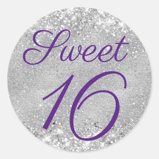 Glittery Silver en Royal Paars Sweet 16 Ronde Sticker (Voorkant)