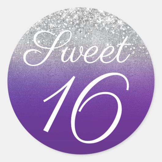 Glittery Silver en Royal Paarse Ombre Sweet 16 Ronde Sticker (Voorkant)
