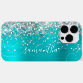Glittery Silver en Turquoise Blue Curly Signature Case-Mate iPhone Case (Achterkant (horizontaal))
