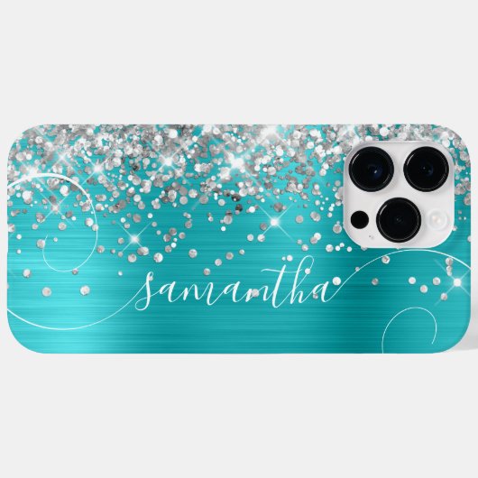Glittery Silver en Turquoise Blue Curly Signature Case-Mate iPhone Case (Achterkant (horizontaal))