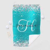 Glittery Silver en Turquoise Blue Monogrammed Golfhanddoek (Insitu)