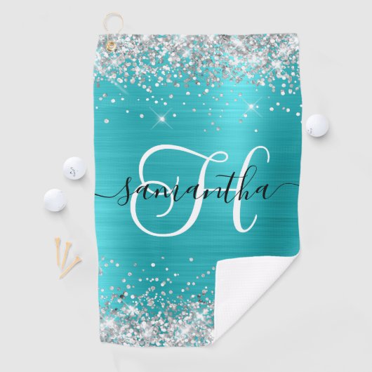 Glittery Silver en Turquoise Blue Monogrammed Golfhanddoek (Insitu)