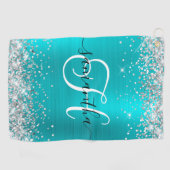 Glittery Silver en Turquoise Blue Monogrammed Golfhanddoek (Horizontaal)
