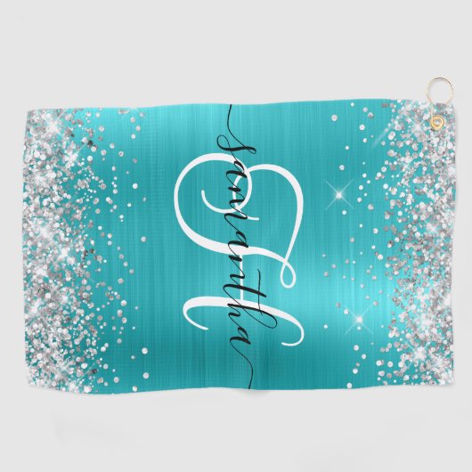 Glittery Silver en Turquoise Blue Monogrammed Golfhanddoek (Horizontaal)