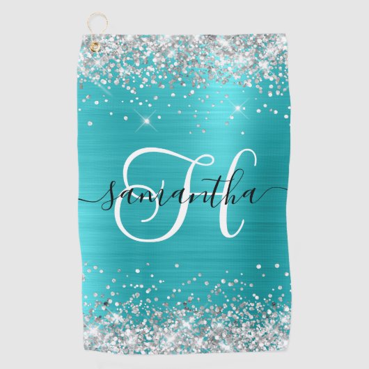 Glittery Silver en Turquoise Blue Monogrammed Golfhanddoek (Voorkant)