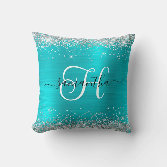 Glittery Silver en Turquoise Blue Monogrammed Kussen (Voorkant)