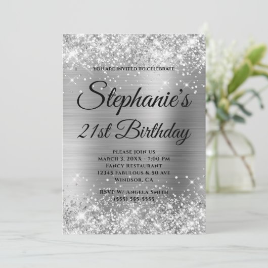 Glittery Silver Fancy Monogram 21st verjaardag Kaart (Staand voorkant)