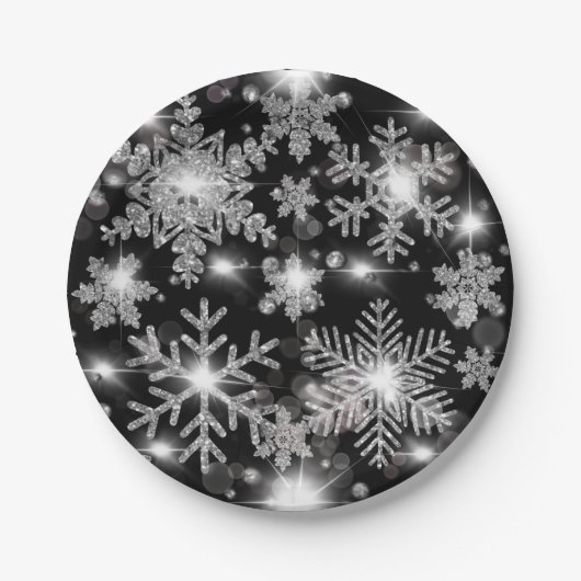 Glittery Silver Festive sneeuwvlokpatroon Papieren Bordje (Voorkant)