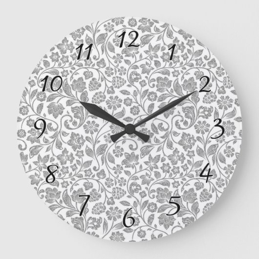Glittery Silver Floral on White Grote Klok (Voorkant)