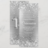 Glittery Silver Foil 15 Quinceañera Kaart (Voorkant / Achterkant)