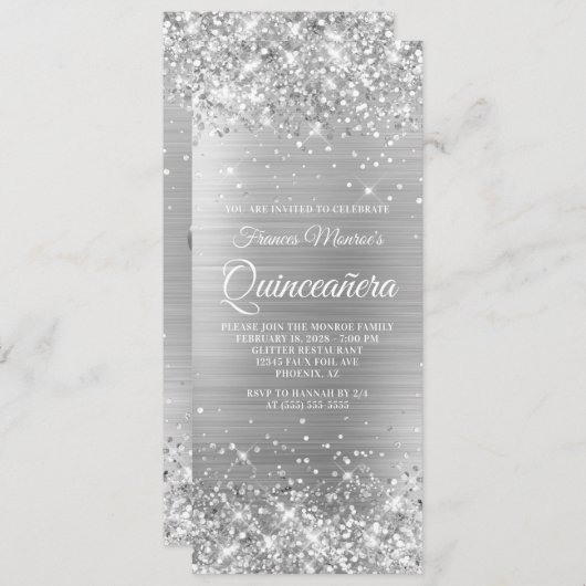 Glittery Silver Foil 15 Quinceañera Kaart (Voorkant / Achterkant)