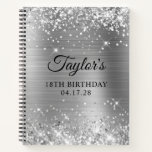 Glittery Silver Foil 18th Birthday Notitieboek<br><div class="desc">Creëer uw eigen 18e verjaardagsontwerp op een leeg notitieboek. Meisjes faux sparkly Silver Glitter op de boven- en onderrand, over een faux silvery grijs geborsteld metaal folie. Pas de lettertypestijlen aan om je eigen gastenboek te creëer en haar speciale viering. Een klassieke elegante kalligrafie die met een al petten serif...</div>