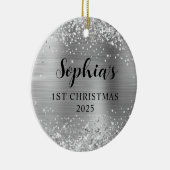 Glittery Silver Foil 1st Christmas Photo Keramisch Ornament (Rechts)