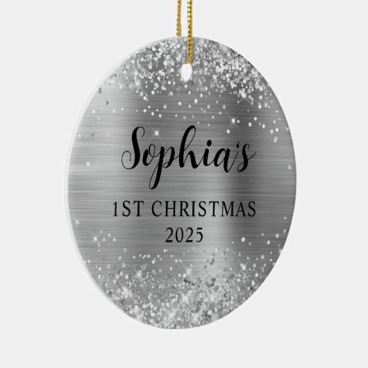 Glittery Silver Foil 1st Christmas Photo Keramisch Ornament (Rechts)