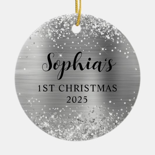 Glittery Silver Foil 1st Christmas Photo Keramisch Ornament (Voorkant)