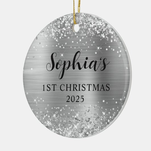 Glittery Silver Foil 1st Christmas Photo Keramisch Ornament (Links)