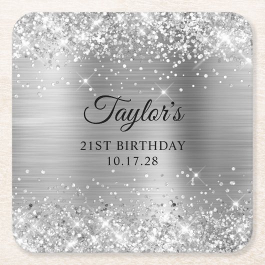 Glittery Silver Foil 21st Birthday Kartonnen Onderzetters (Voorkant)