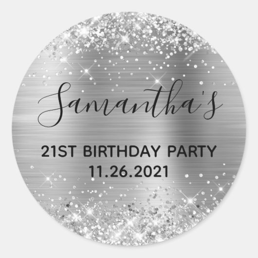 Glittery Silver Foil 21st Birthday Party Ronde Sticker (Voorkant)