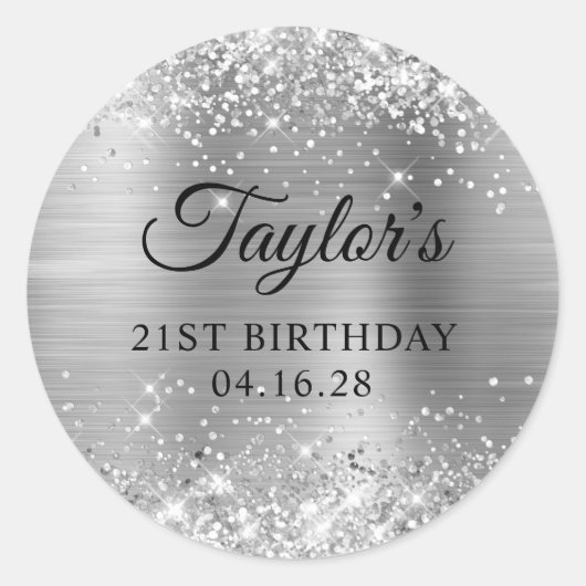 Glittery Silver Foil 21st Birthday Ronde Sticker (Voorkant)