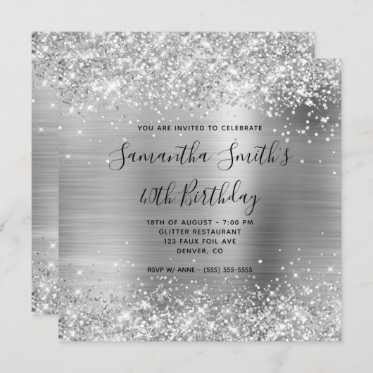 Glittery Silver Foil 40th Birthday Kaart (Voorkant / Achterkant)