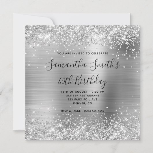Glittery Silver Foil 40th Birthday Kaart (Voorkant)