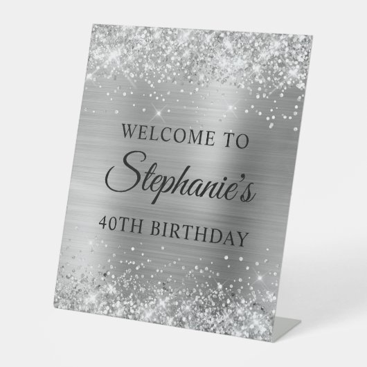 Glittery Silver Foil 40th Birthday Reclamebord Met Voetstuk (Voorkant)