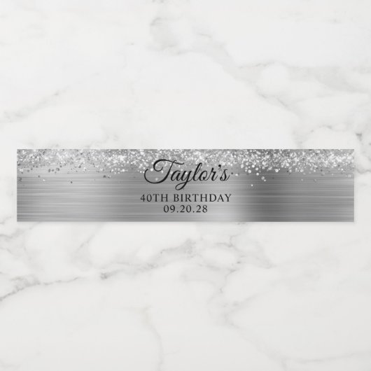 Glittery Silver Foil 40th Birthday Waterfles Etiket (Enkel label)