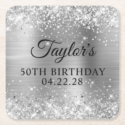 Glittery Silver Foil 50th Birthday Kartonnen Onderzetters (Voorkant)