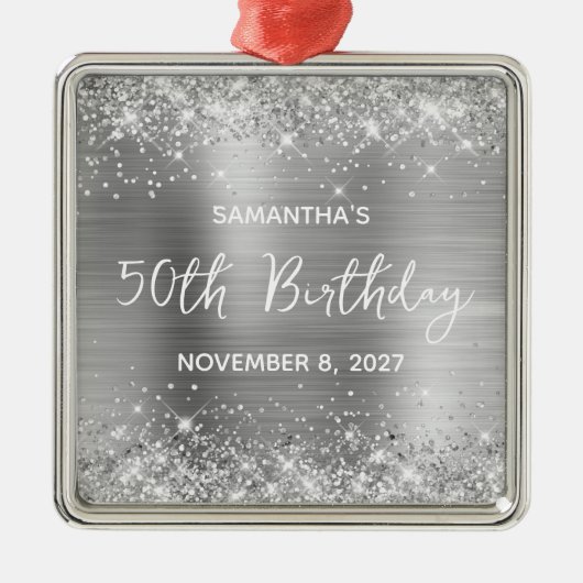 Glittery Silver Foil 50th Birthday Metalen Ornament (Voorkant)