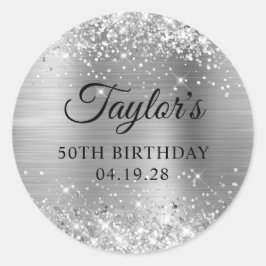 Glittery Silver Foil 50th Birthday Ronde Sticker