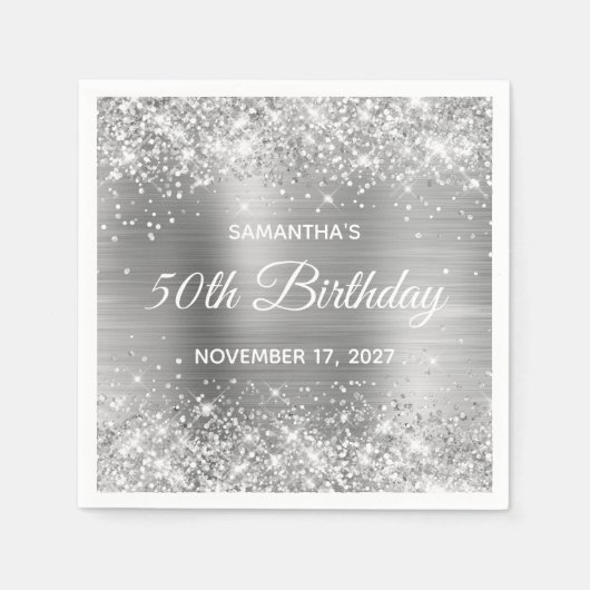 Glittery Silver Foil 50th Birthday Servet (Voorkant)