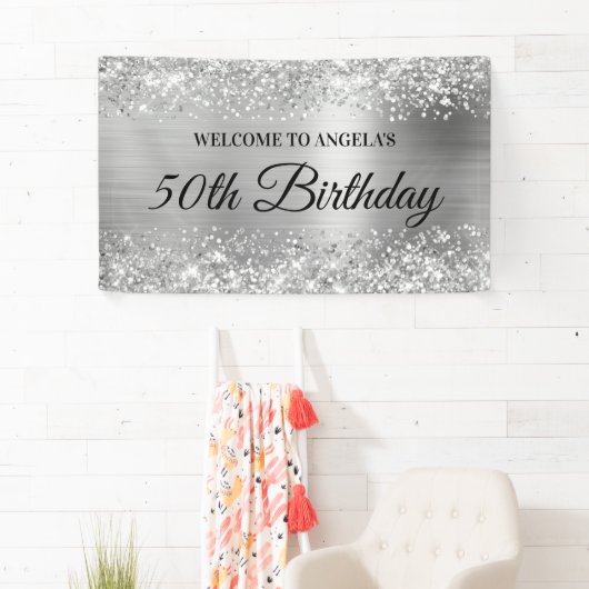 Glittery Silver Foil 50th Birthday Welkom Spandoek (Insitu)