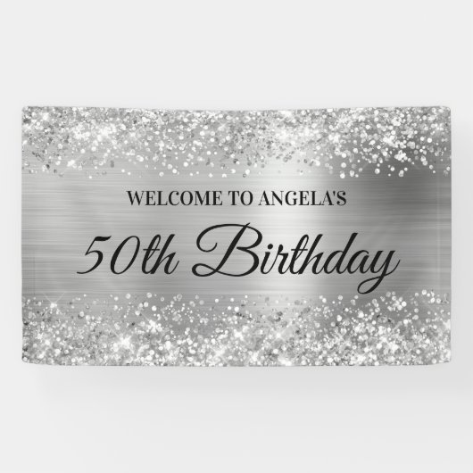 Glittery Silver Foil 50th Birthday Welkom Spandoek (Horizontaal)