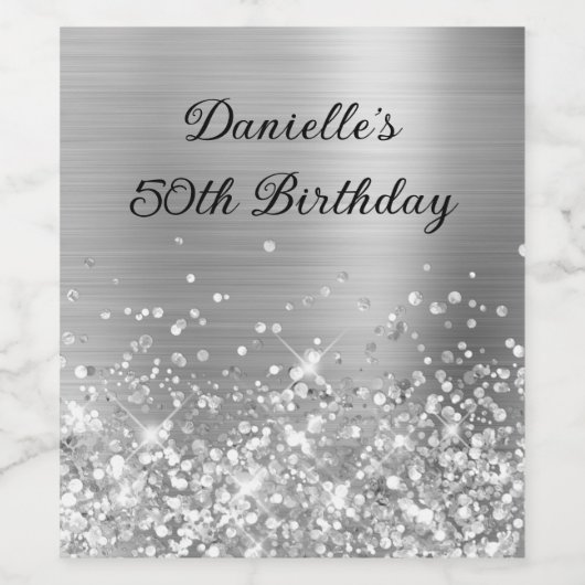 Glittery Silver Foil 50th Birthday Wijn Etiket (Enkel label)
