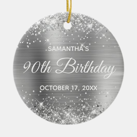 Glittery Silver Foil 90th Birthday Keramisch Ornament (Voorkant)