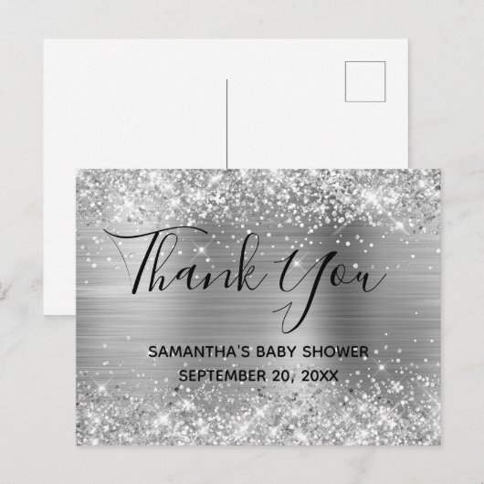 Glittery Silver Foil Baby shower Hartelijk dank Briefkaart (Voorkant / Achterkant)