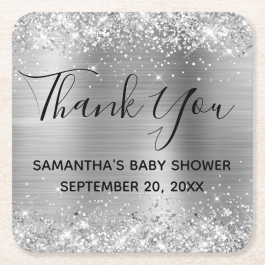Glittery Silver Foil Baby shower Hartelijk dank Kartonnen Onderzetters (Voorkant)