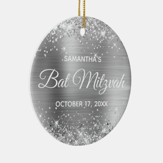 Glittery Silver Foil Bat Mitzvah Keramisch Ornament (Rechts)