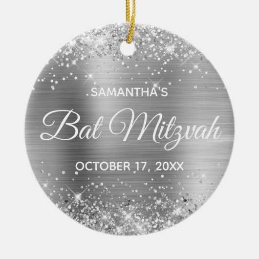 Glittery Silver Foil Bat Mitzvah Keramisch Ornament (Voorkant)